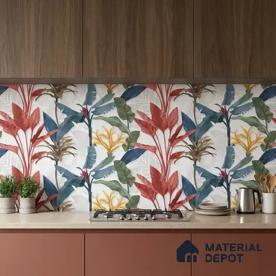 Modern kitchen with tropical floral highlighter backsplash tile and walnut brown laminate cabinets
