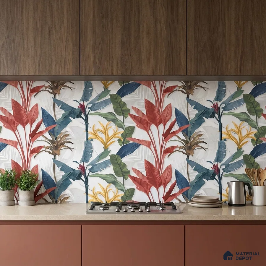 Modern kitchen with tropical floral highlighter backsplash tile and walnut brown laminate cabinets