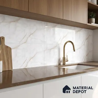 Modern kitchen with brown quartz countertop, white marble-look backsplash tile, and oak wood laminate cabinets