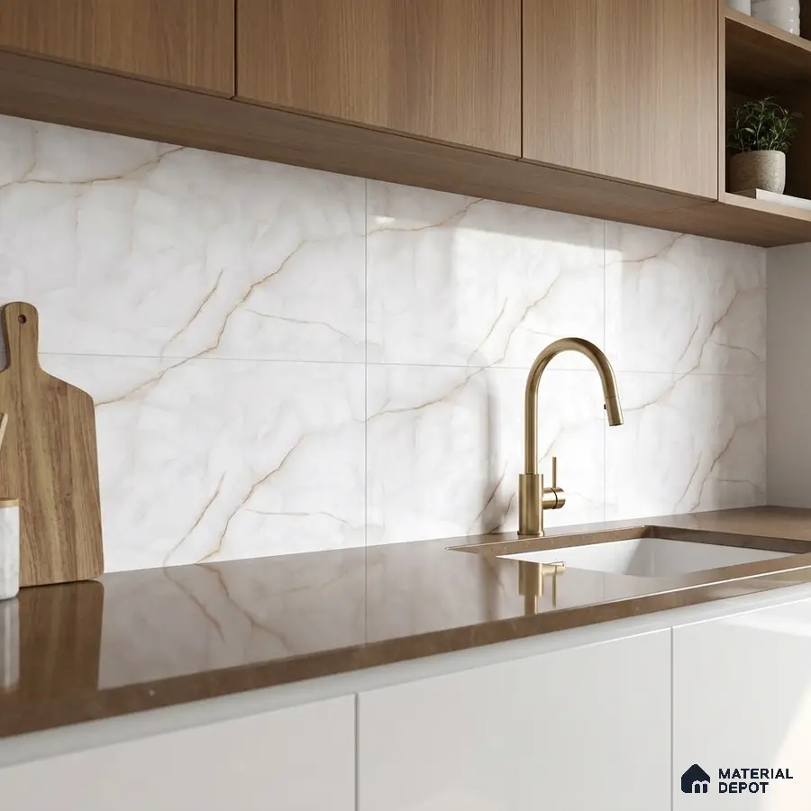 Modern kitchen with brown quartz countertop, white marble-look backsplash tile, and oak wood laminate cabinets