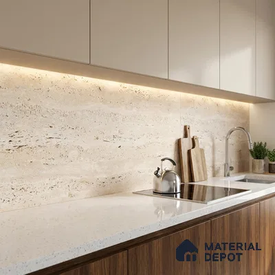 Modern kitchen with travertine stone backsplash, white quartz countertop, and walnut wood laminate cabinets