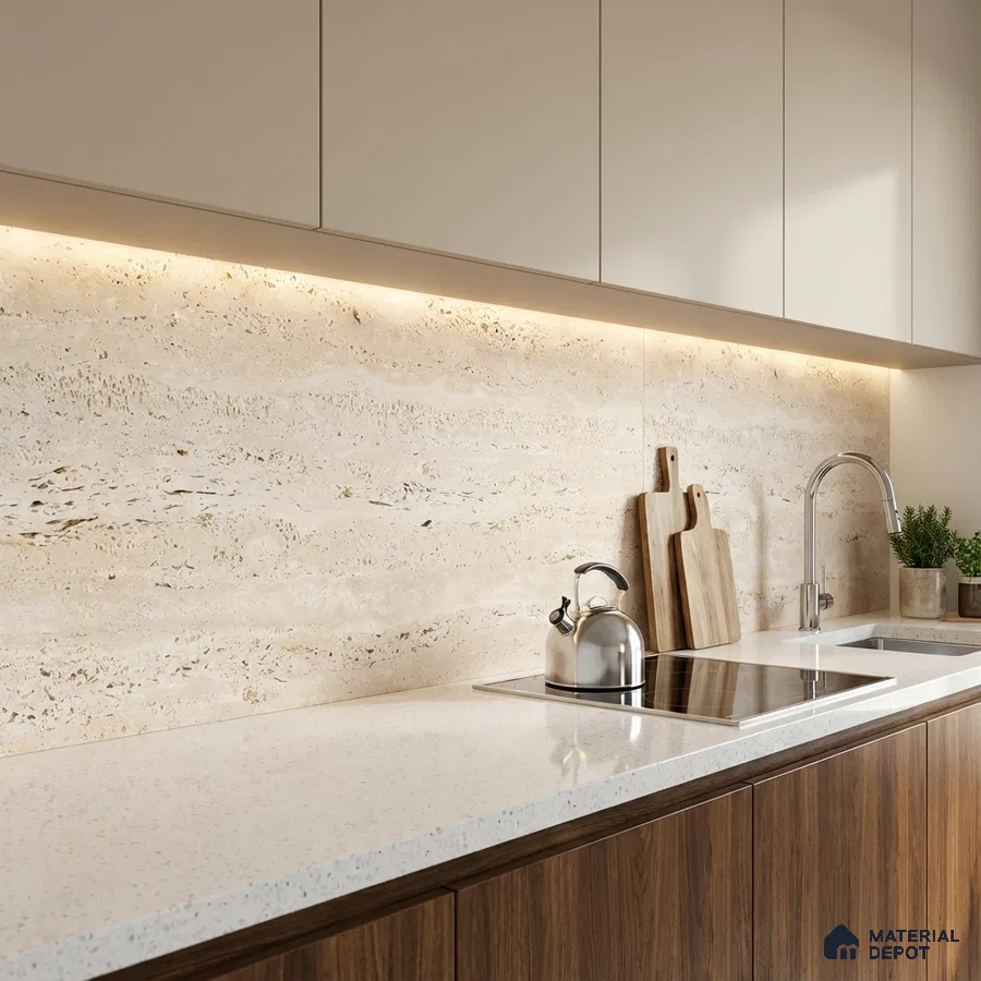 Modern kitchen with travertine stone backsplash, white quartz countertop, and walnut wood laminate cabinets