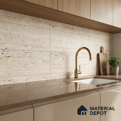 Modern kitchen with beige travertine-look backsplash tile and taupe quartz countertop