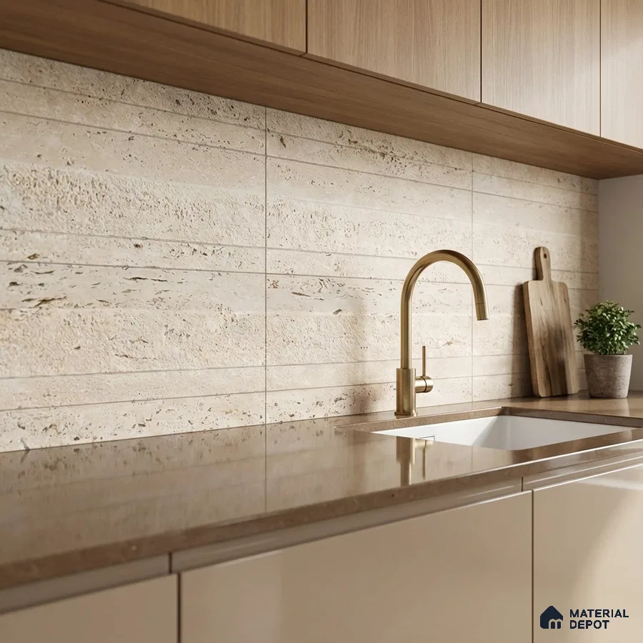 Modern kitchen with beige travertine-look backsplash tile and taupe quartz countertop