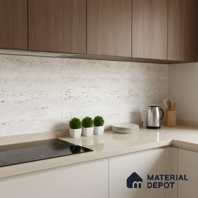 Modern kitchen with walnut wood laminate cabinets, beige quartz countertop, and travertine look wall tiles