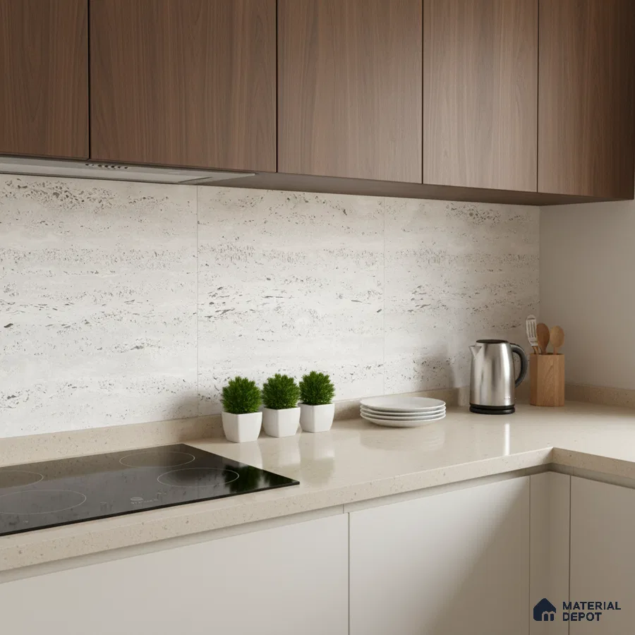 Modern kitchen with walnut wood laminate cabinets, beige quartz countertop, and travertine look wall tiles