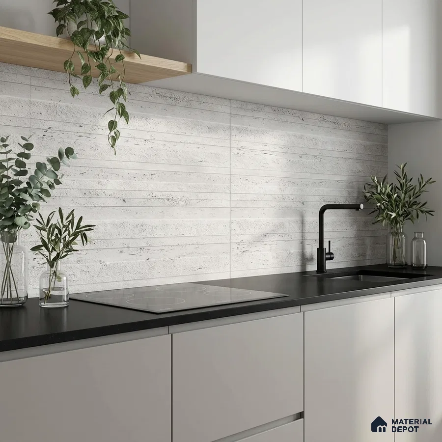 Minimalist kitchen with matte white laminate cabinets, black quartz countertop, and light grey stone-look backsplash tile