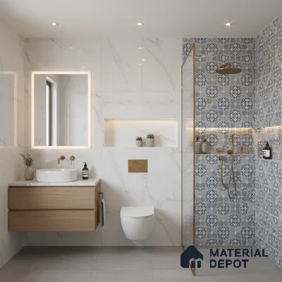 Modern bathroom with white marble wall tiles, blue patterned moroccan shower tiles, and floating wood vanity