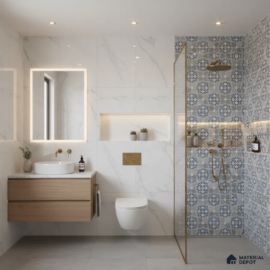 Modern bathroom with white marble wall tiles, blue patterned moroccan shower tiles, and floating wood vanity
