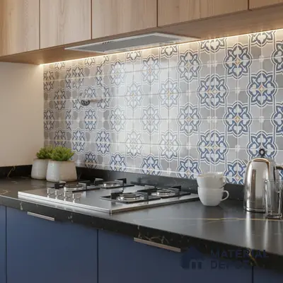 Modern kitchen with blue patterned moroccan backsplash tile, black marble countertop, and wood grain laminate cabinets