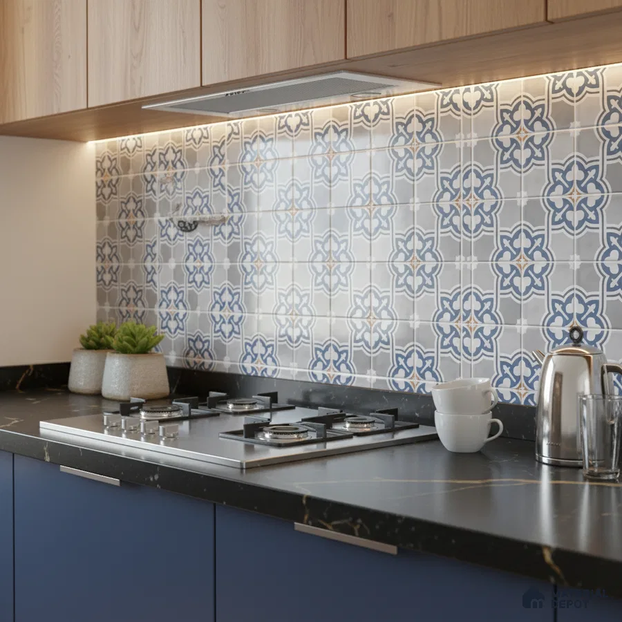 Modern kitchen with blue patterned moroccan backsplash tile, black marble countertop, and wood grain laminate cabinets