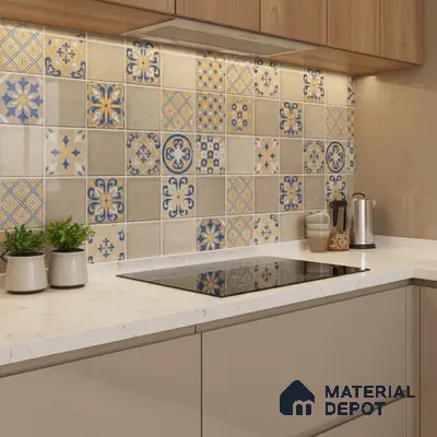 Modern kitchen with blue and yellow moroccan patterned backsplash tiles and white quartz countertop