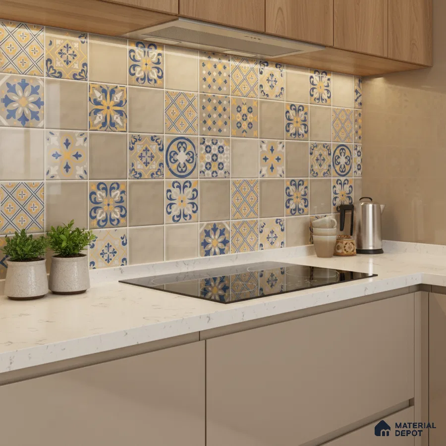Modern kitchen with blue and yellow moroccan patterned backsplash tiles and white quartz countertop