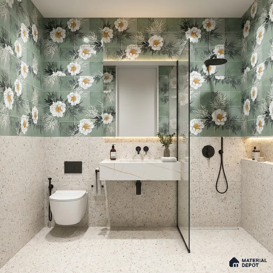 Modern bathroom with green floral wall tiles and terrazzo floor and wall tiles