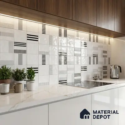 Modern kitchen with walnut laminate cabinets, geometric black-and-white backsplash tiles, and white marble countertop
