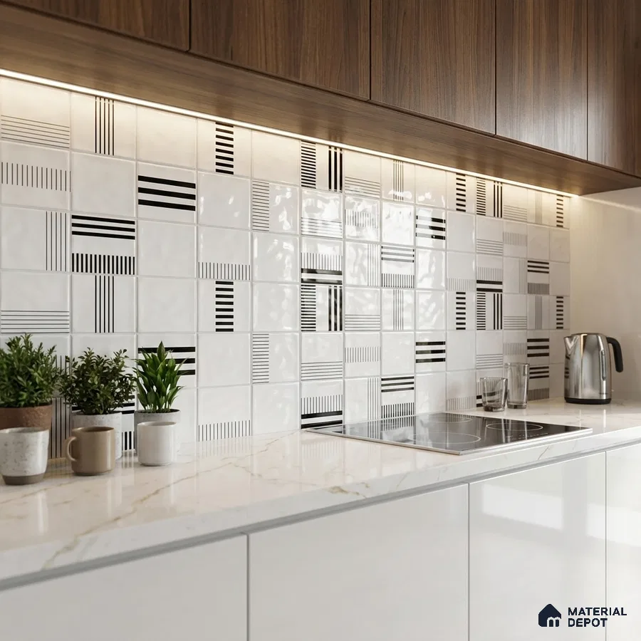 Modern kitchen with walnut laminate cabinets, geometric black-and-white backsplash tiles, and white marble countertop