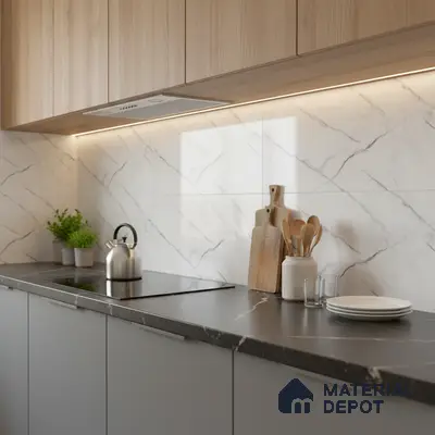 Modern kitchen with light oak laminate cabinets, marble-look backsplash tile, and matte black stone countertop