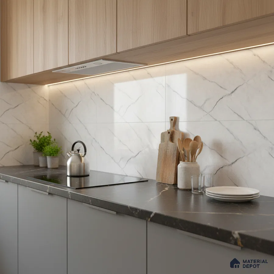 Modern kitchen with light oak laminate cabinets, marble-look backsplash tile, and matte black stone countertop