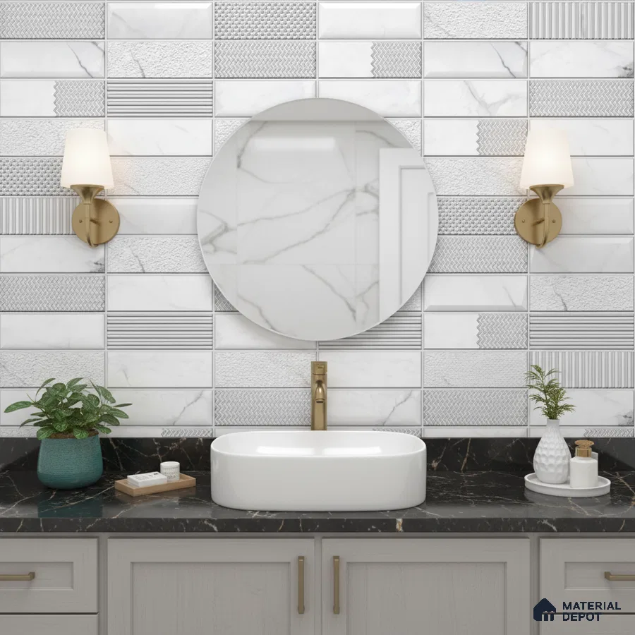 Modern kitchen with wood grain laminate cabinets, black marble countertop, and textured marble-look backsplash tiles