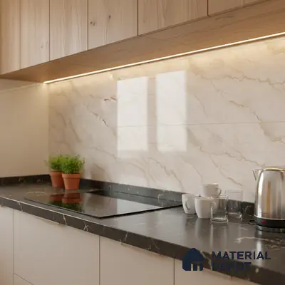 Modern kitchen with light oak laminate cabinets, marble-look backsplash tile, and black marble countertop