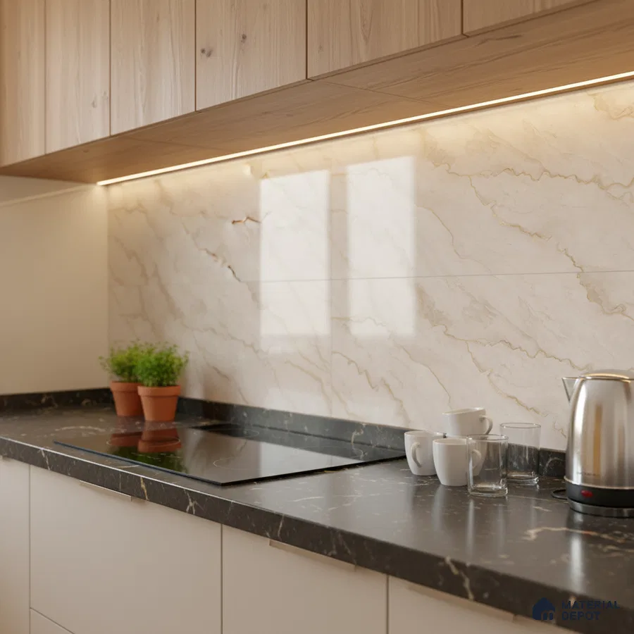 Modern kitchen with light oak laminate cabinets, marble-look backsplash tile, and black marble countertop