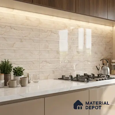 Modern kitchen with beige marble-look backsplash tile, white marble countertop, and taupe laminate cabinets