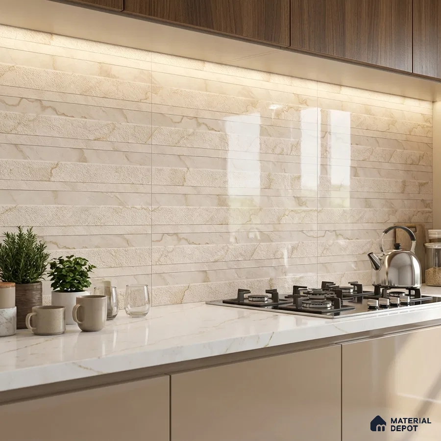 Modern kitchen with beige marble-look backsplash tile, white marble countertop, and taupe laminate cabinets