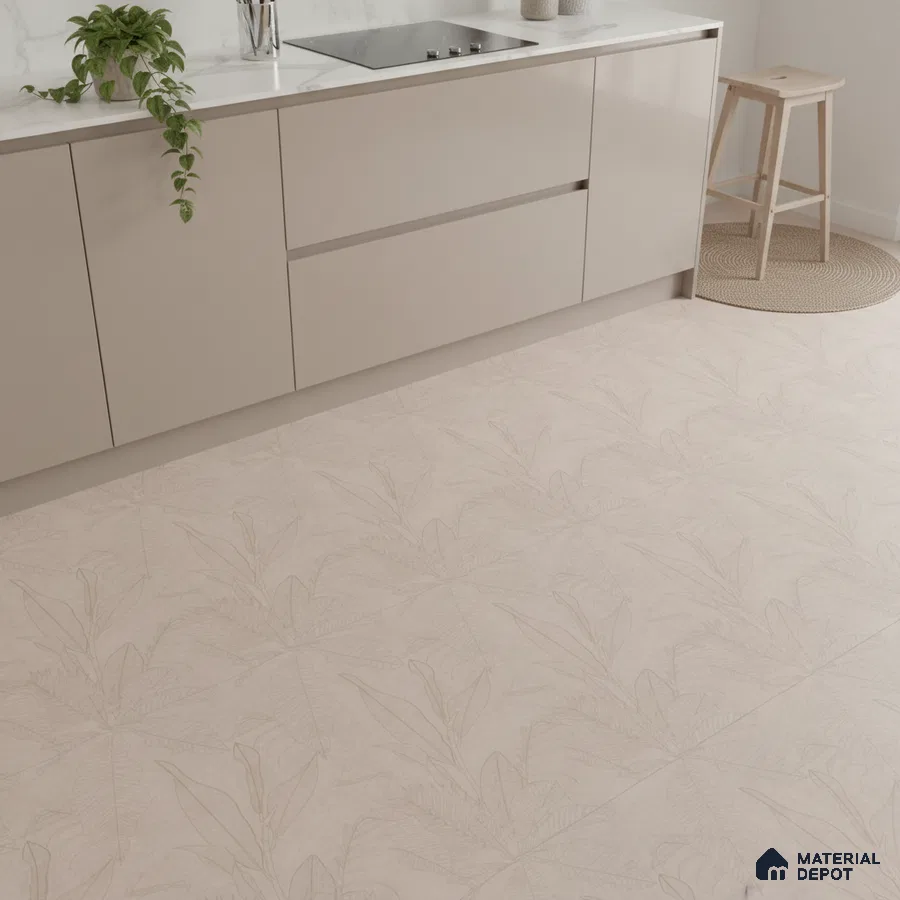 Minimalist kitchen with beige solid color laminate cabinets and subtle floral patterned beige floor tiles
