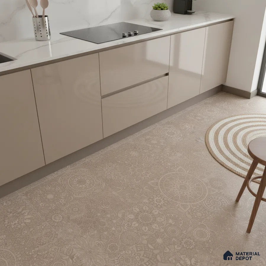 Modern kitchen with beige high gloss laminate cabinets, white marble countertop, and beige patterned floor tiles