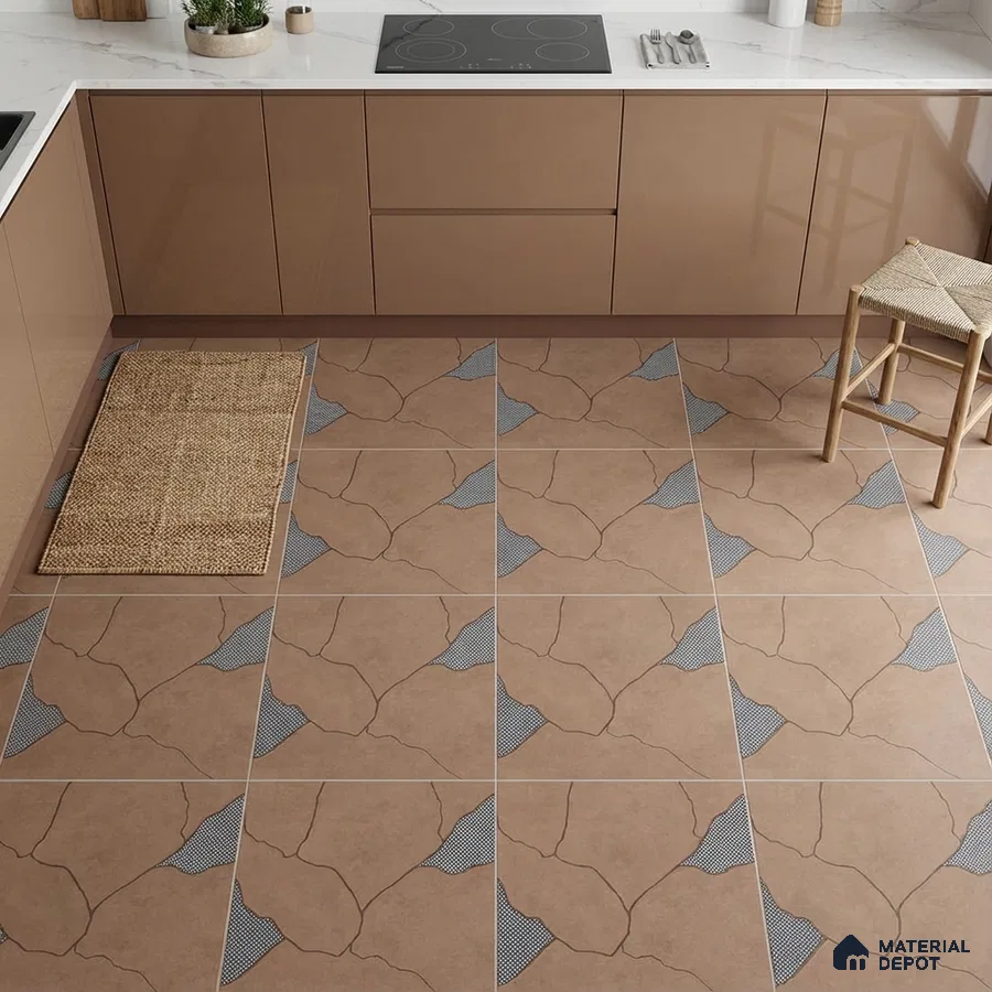Modern kitchen with glossy taupe laminate cabinets, white marble-look countertop, and patterned terracotta floor tiles