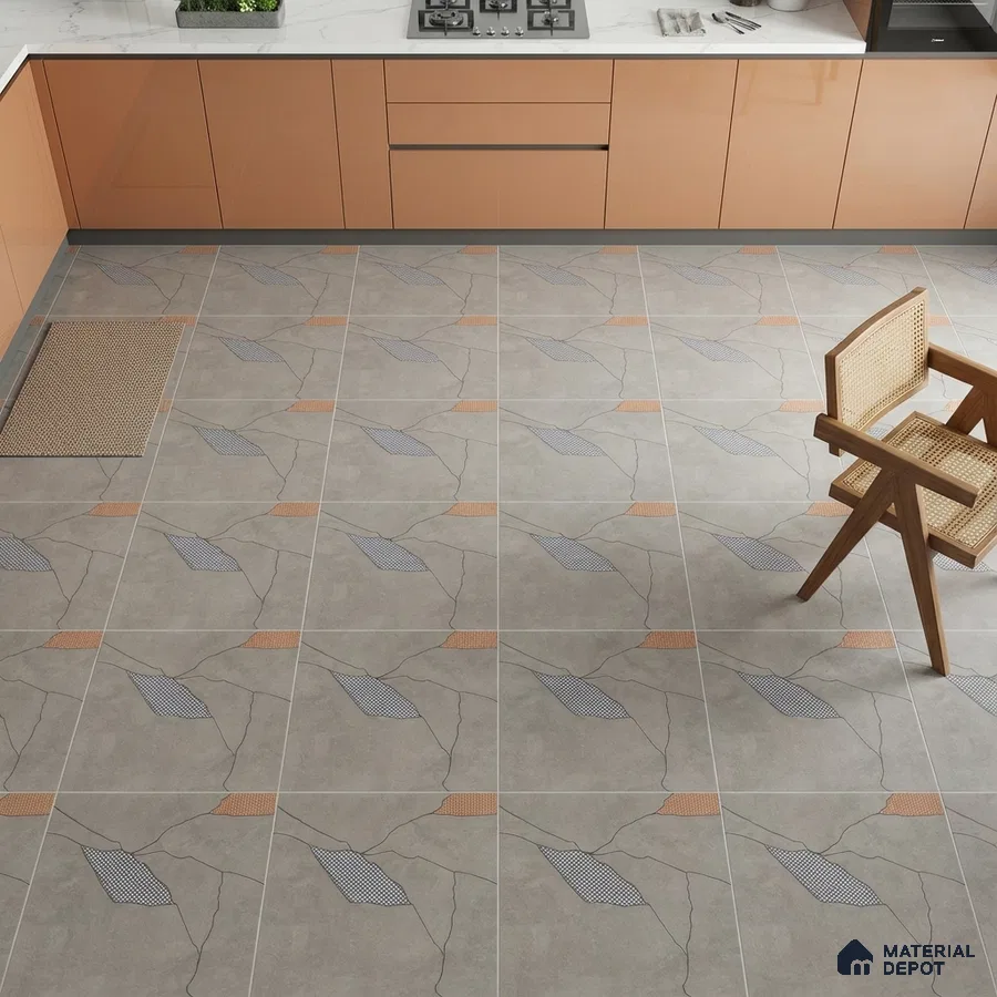 Modern kitchen with peach high gloss laminate cabinets and patterned grey floor tiles