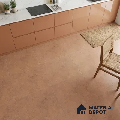 Modern kitchen with terracotta matte floor tiles and glossy peach laminate cabinets