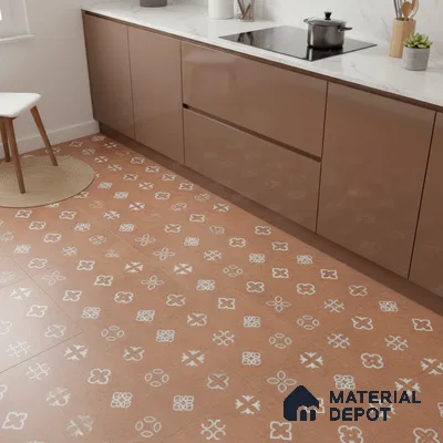 Modern kitchen with glossy taupe laminate cabinets, white marble countertop, and terracotta patterned floor tiles