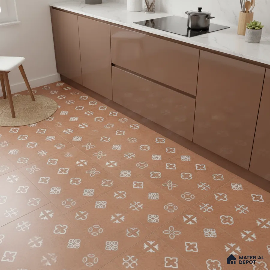 Modern kitchen with glossy taupe laminate cabinets, white marble countertop, and terracotta patterned floor tiles