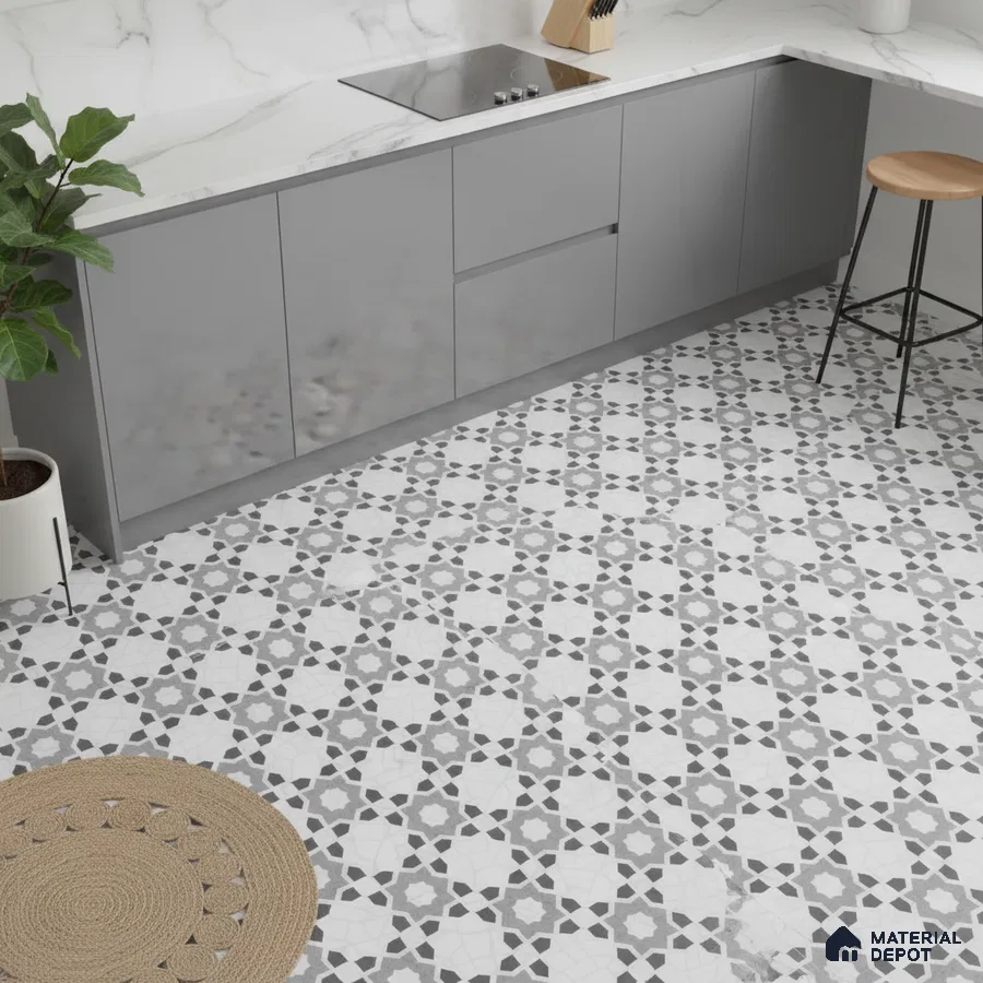 Modern kitchen with grey high gloss laminate cabinets, white marble countertop, and geometric patterned floor tiles