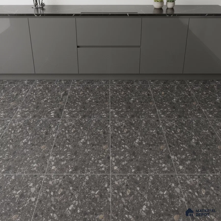 Modern kitchen with grey high gloss laminate cabinets and dark terrazzo floor tiles