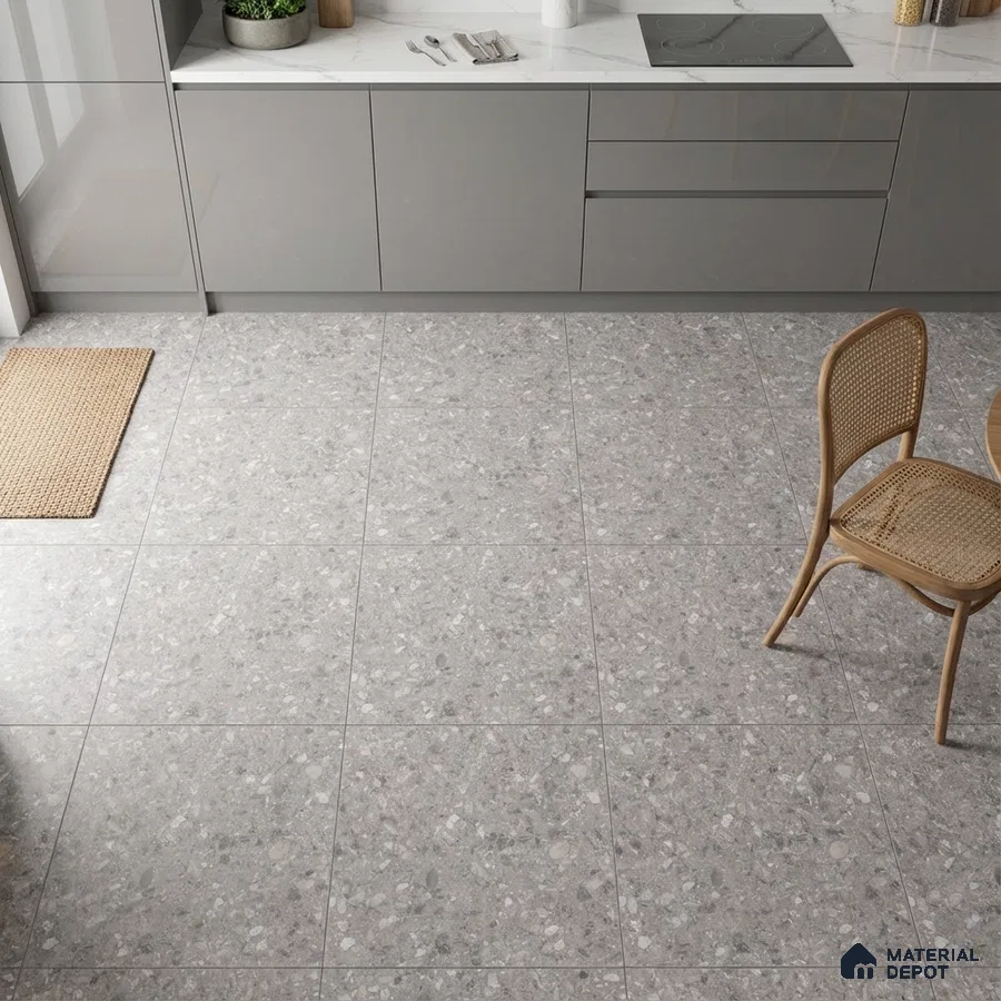 Modern kitchen with grey high gloss laminate cabinets and grey terrazzo floor tiles