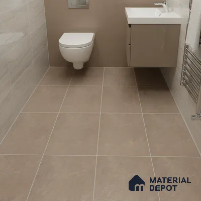 Modern bathroom with beige matte floor tiles and light marble-look wall tiles
