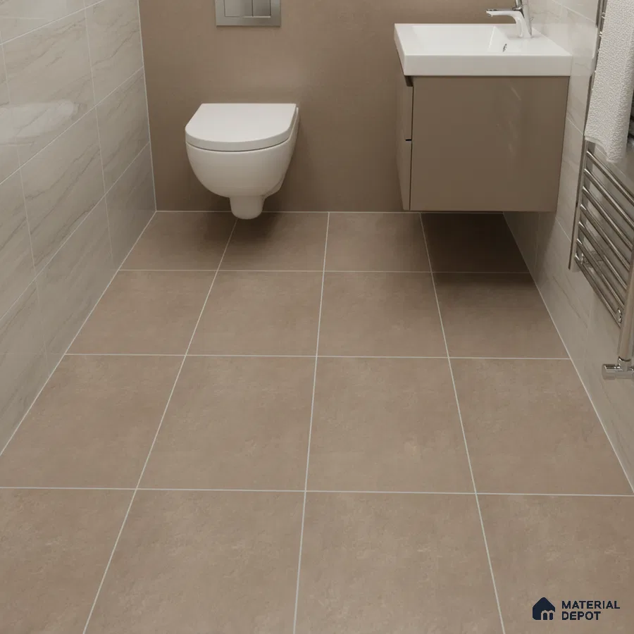 Modern bathroom with beige matte floor tiles and light marble-look wall tiles