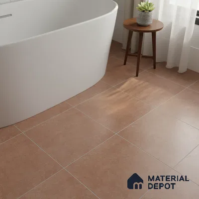 Minimalist bathroom with terracotta matte floor tiles and freestanding tub