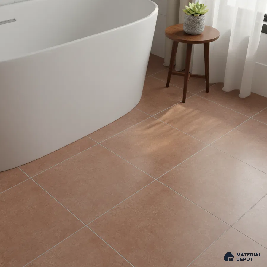 Minimalist bathroom with terracotta matte floor tiles and freestanding tub