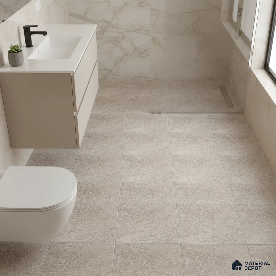 Minimalist bathroom with beige stone floor tiles and marble-look wall tiles