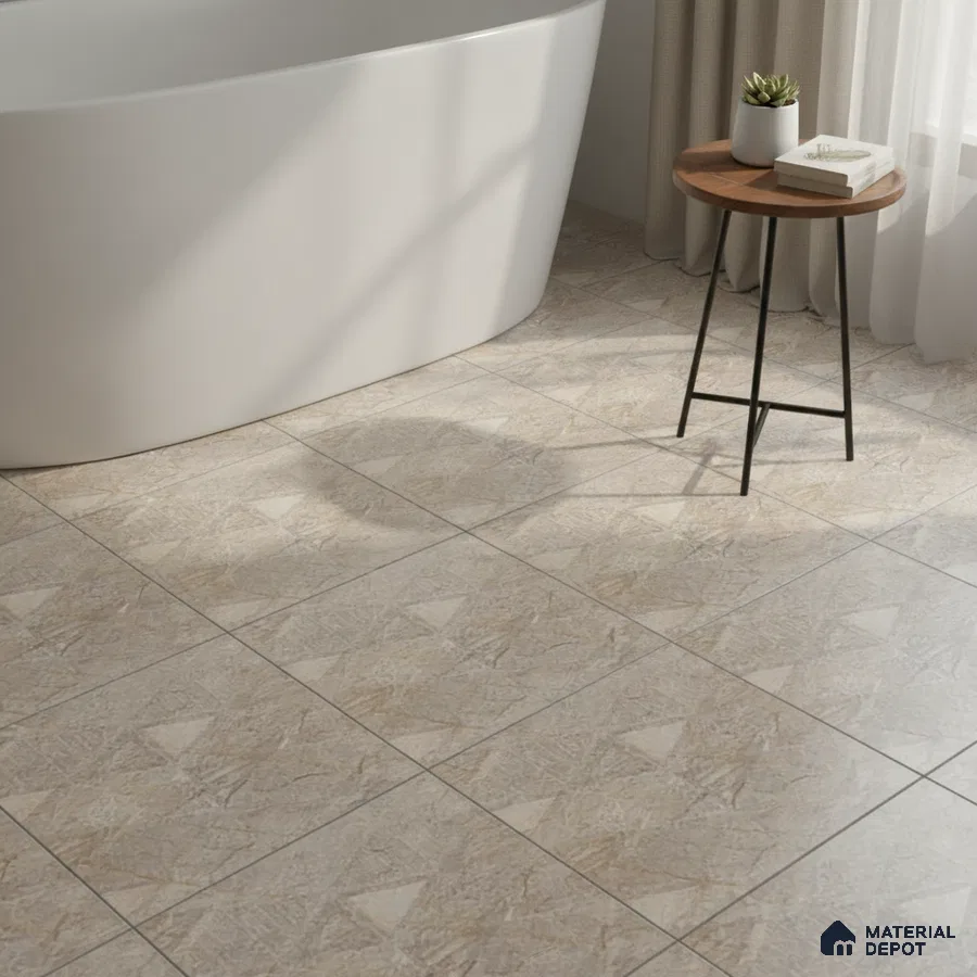 Minimalist bathroom with beige geometric patterned floor tiles and freestanding tub