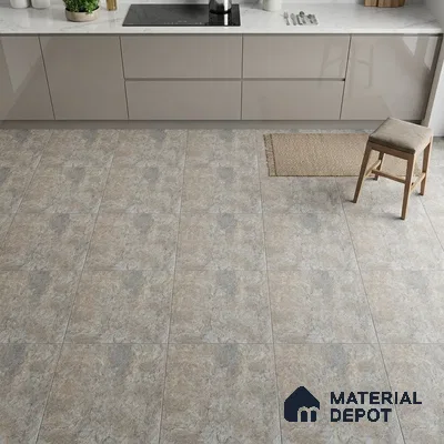Modern kitchen with beige stone-look floor tiles and glossy taupe laminate cabinets