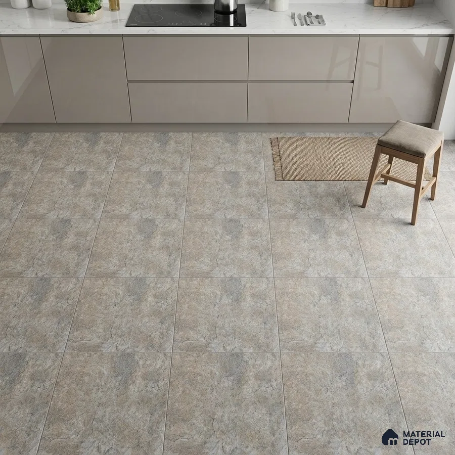 Modern kitchen with beige stone-look floor tiles and glossy taupe laminate cabinets