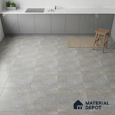 Modern kitchen with grey high gloss laminate cabinets, white marble countertop, and stone-look grey floor tiles