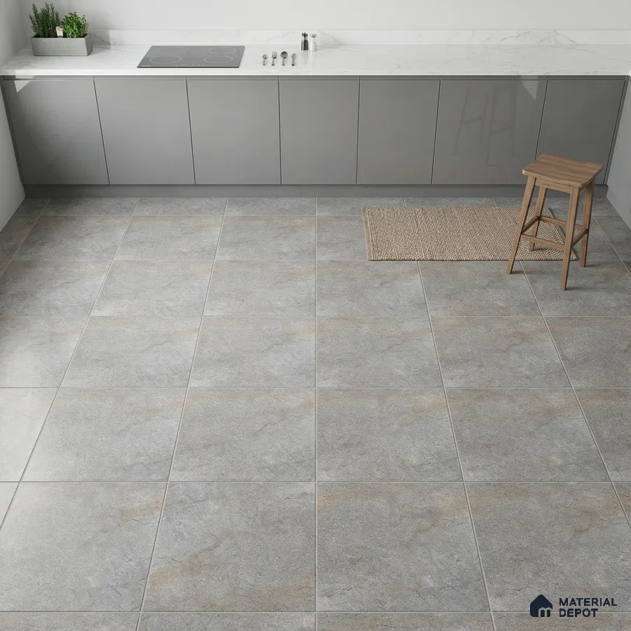 Modern kitchen with grey high gloss laminate cabinets, white marble countertop, and stone-look grey floor tiles