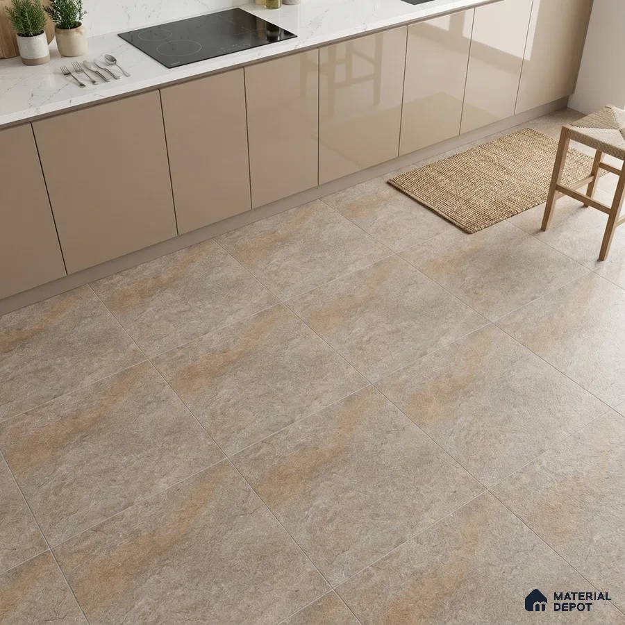 Modern kitchen with beige high gloss laminate cabinets, white marble-look quartz countertop, and beige stone floor tiles