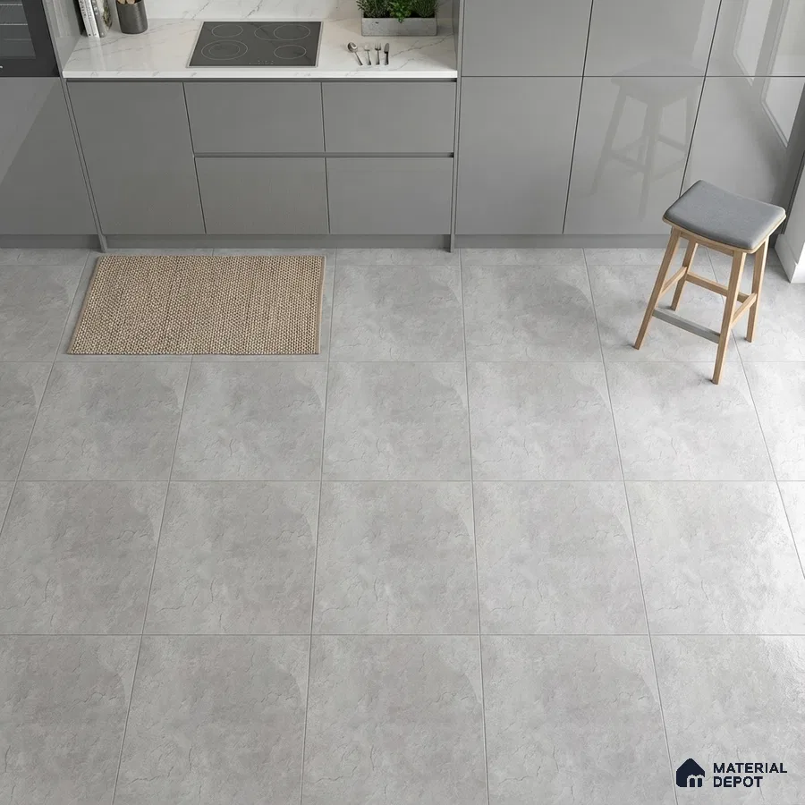 Modern kitchen with grey high gloss laminate cabinets and light grey stone-look floor tiles