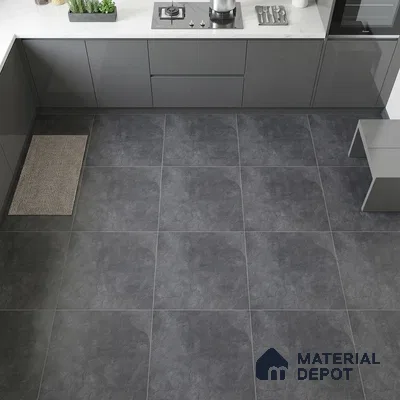 Modern kitchen with grey high gloss laminate cabinets and charcoal stone-look floor tiles